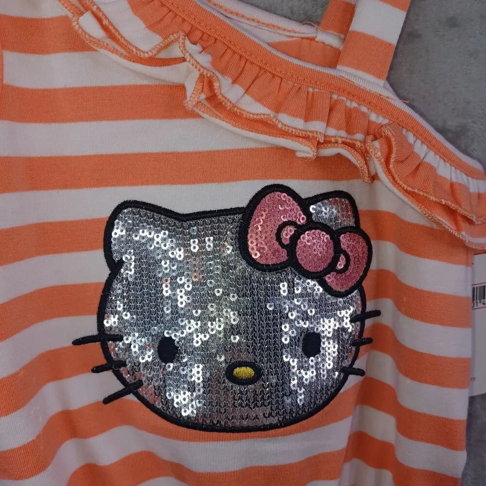 Hello Kitty Girls Shorts Romper Outfit Size 2T Orange Sequin Cat Face Ruffle NWT